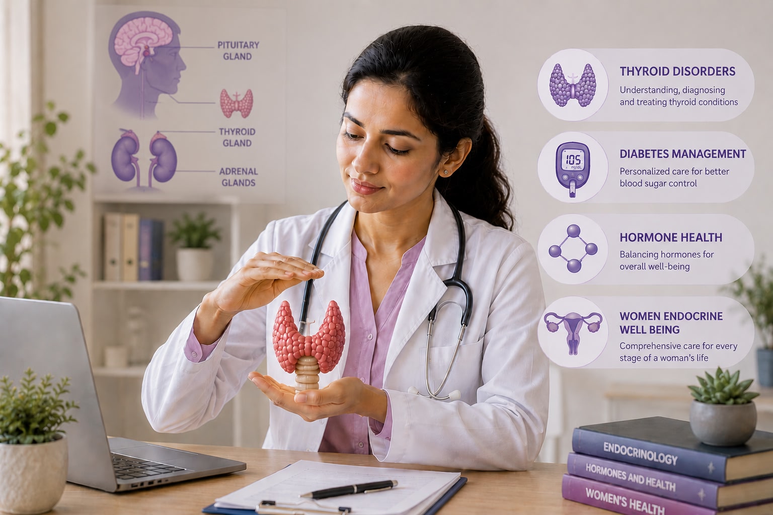 Doctor with thyroid model